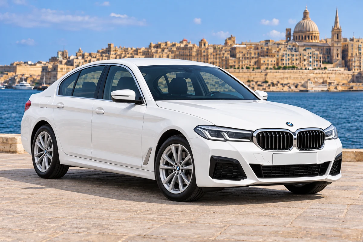 White BMW 5 Series on a waterfront road in Malta